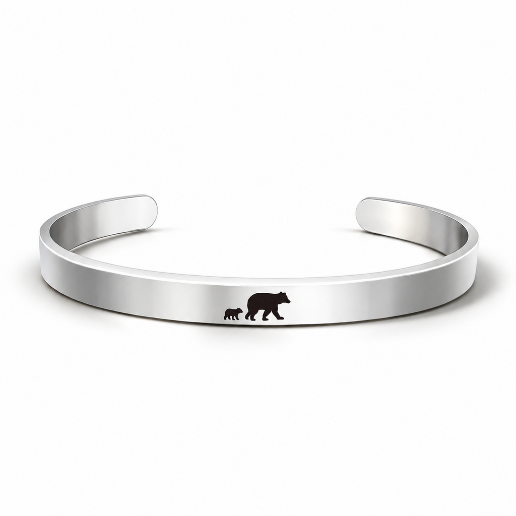 Personalised silver cuff bracelet with engraved mama bear and cub