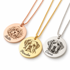 Pet portrait engraved disc necklaces in rose gold, gold and silver
