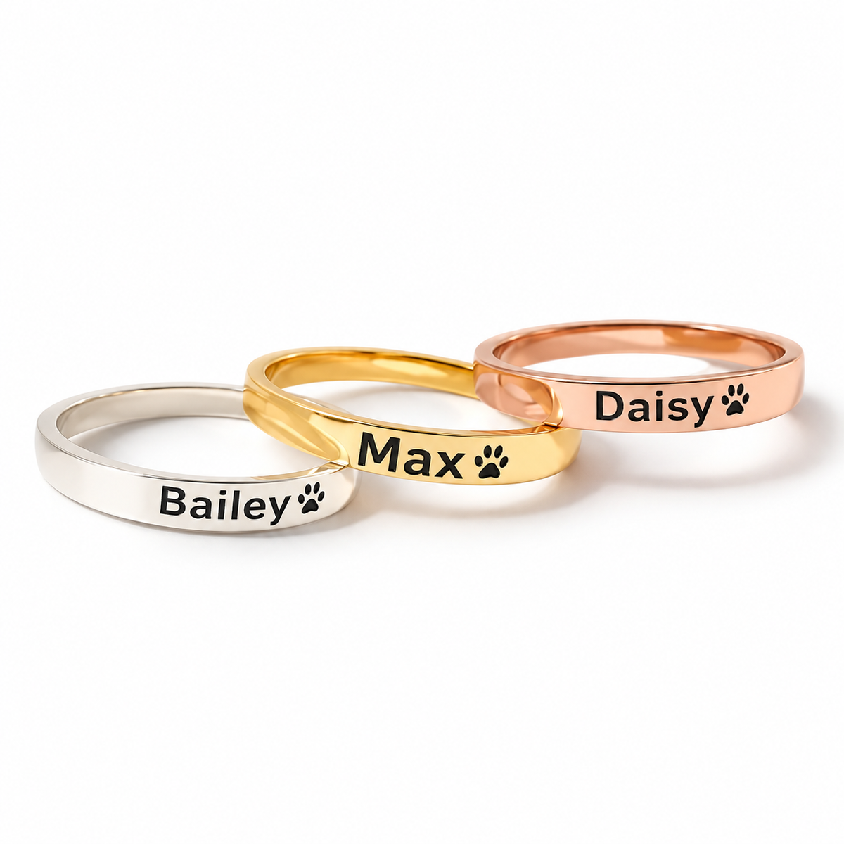 Personalised pet name rings with paw print in silver, gold and rose gold