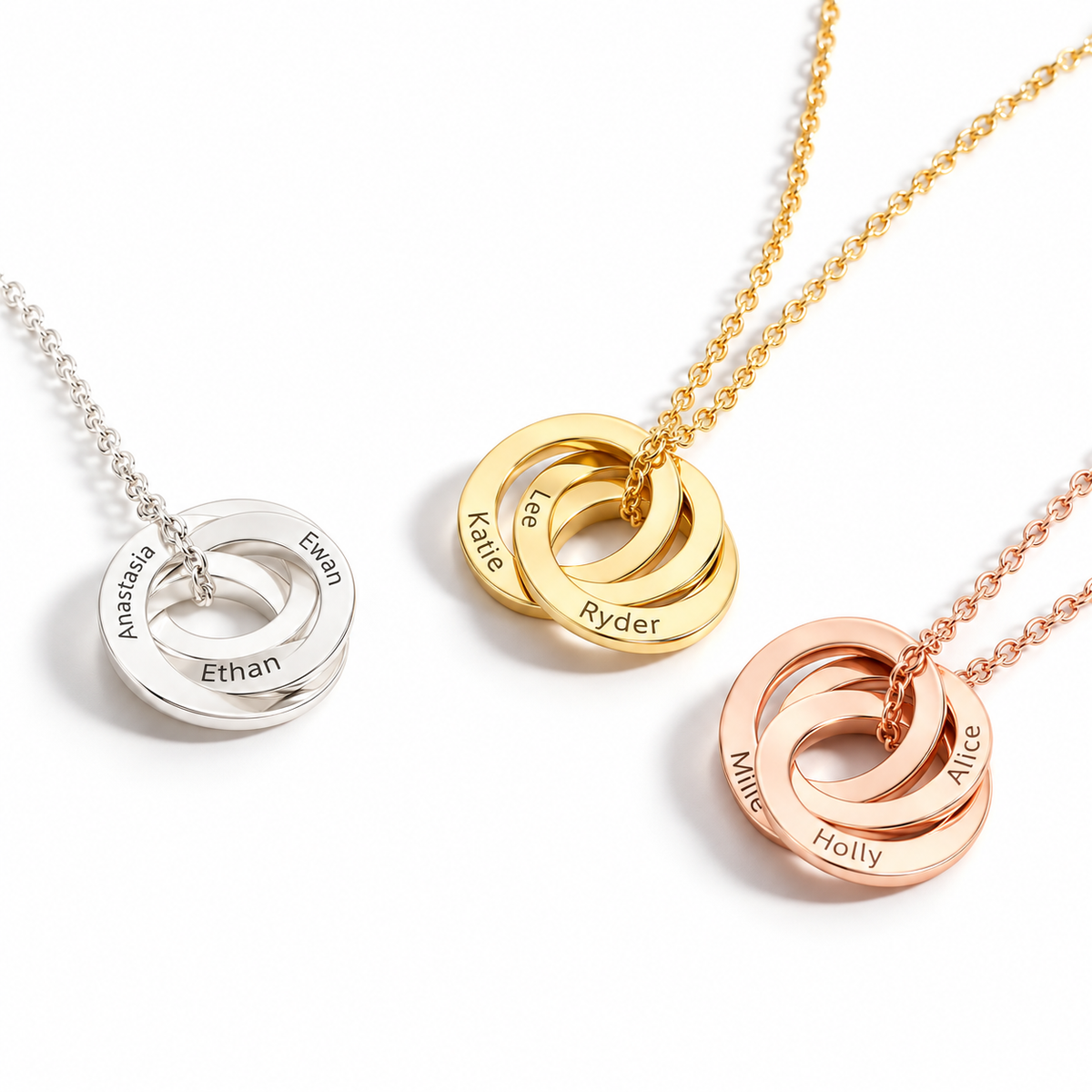 Personalised Russian ring necklaces with engraved names in silver, gold and rose gold