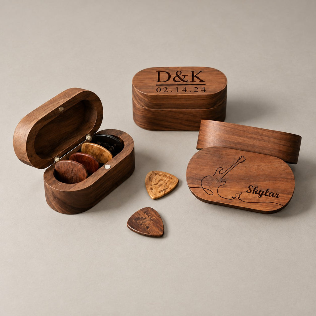 Personalised wooden guitar pick box on a greige surface