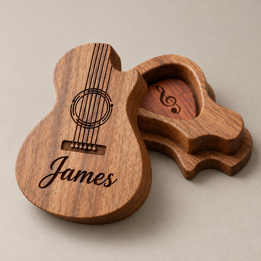 Customised wooden guitar pick box on a greige surface