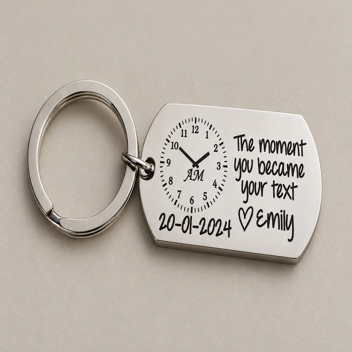 The moment you became keychain on a greige surface