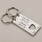 Personalised couples keychain pair on a greige surface
