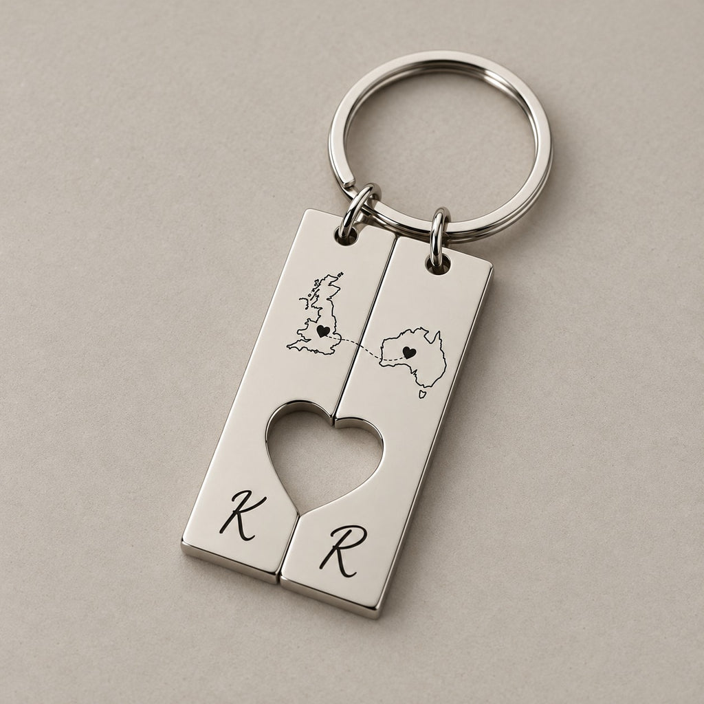 Personalised country keychain set on a greige surface
