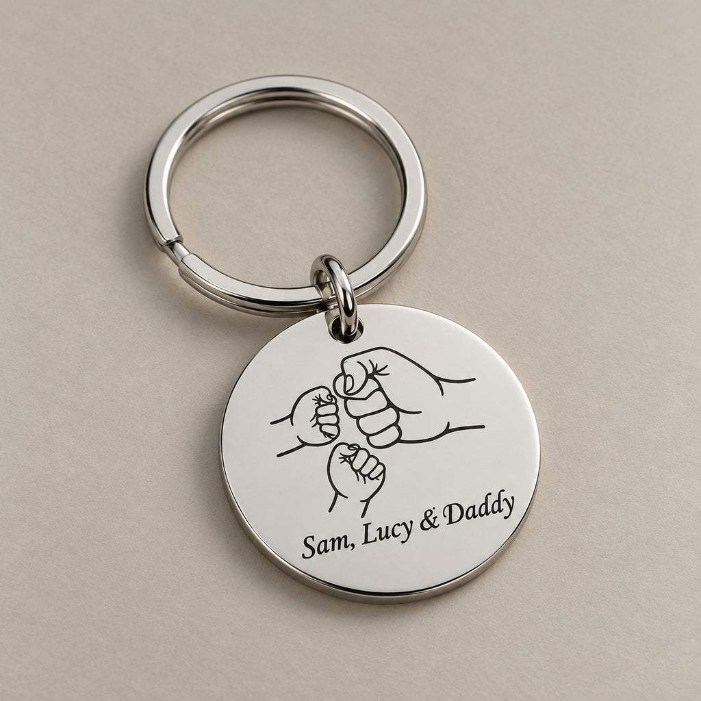 Personalised dad mum keychain on a greige surface