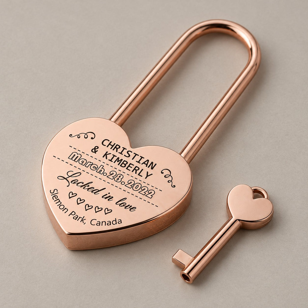 Personalised heart love lock with key on a greige surface