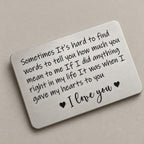 Personalised wallet card on a greige surface