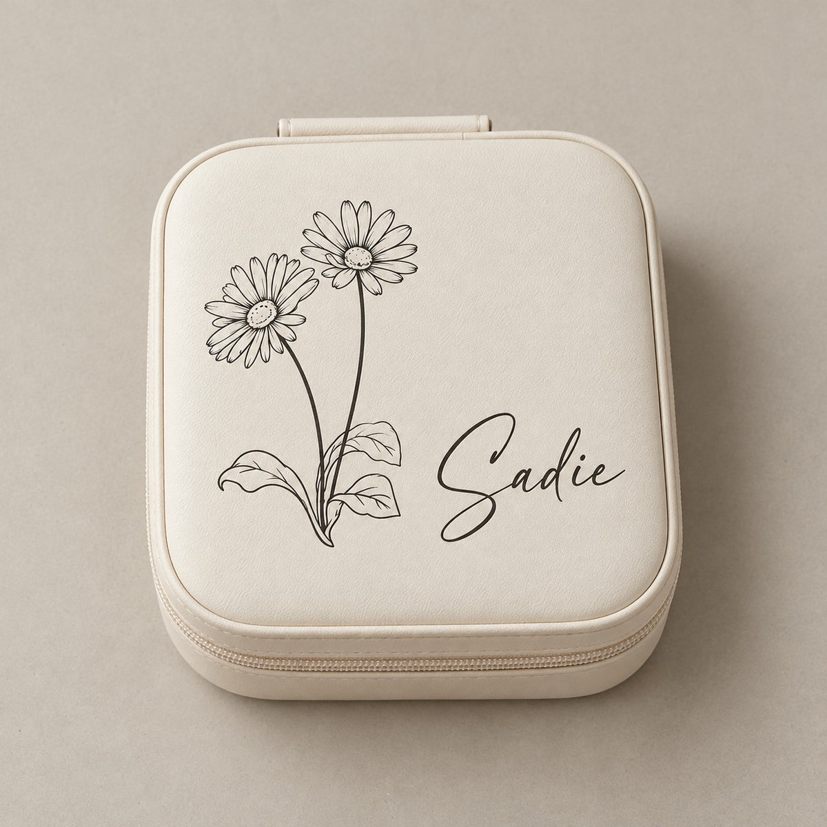 Personalised jewellery storage box on a greige surface