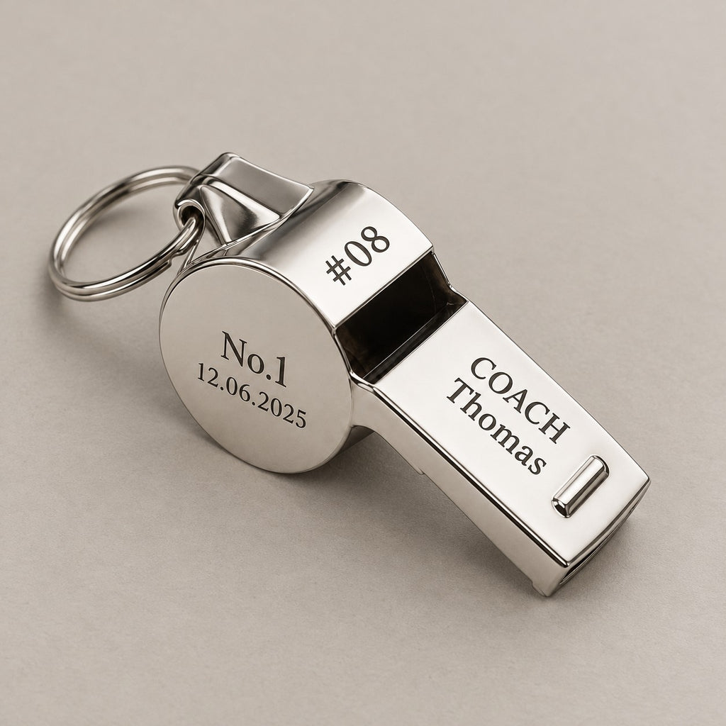 Personalised whistle on a greige surface