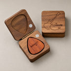 Personalised wooden guitar pick box on a greige surface