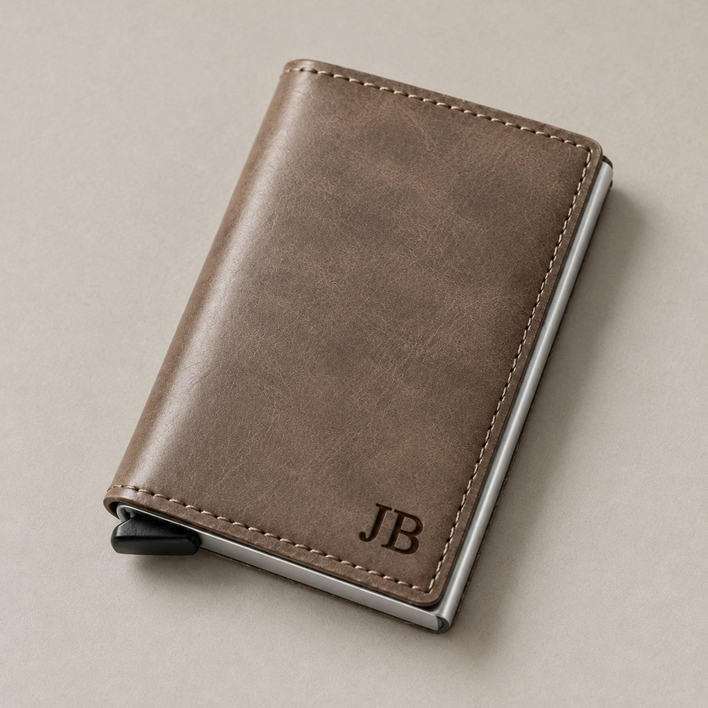 Personalised leather pop-up wallet on a greige surface