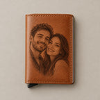 Photo engraved leather pop-up wallet on a greige surface