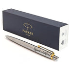 Personalised Parker Jotter pen in stainless steel with gold trim and Parker gift box
