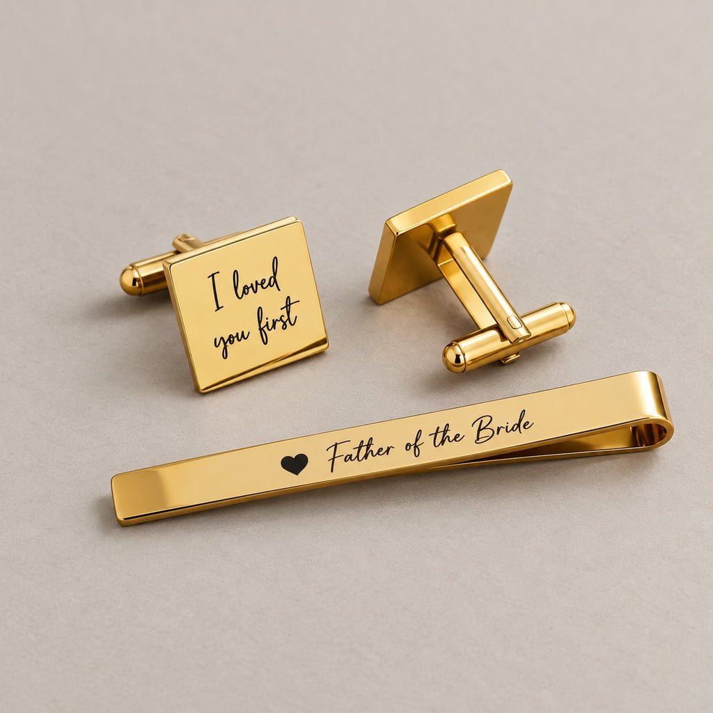 Personalised cufflinks and tie clip set