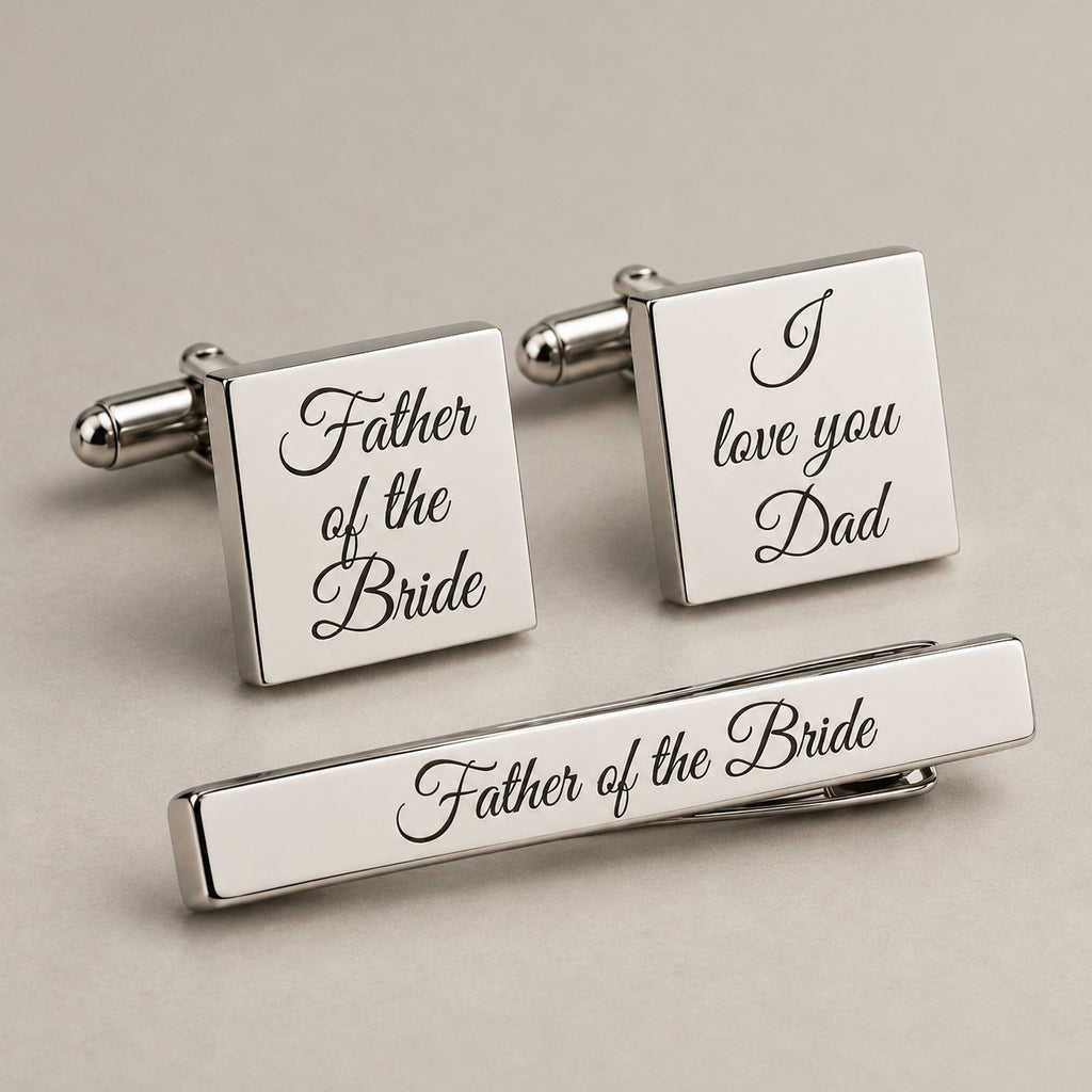 Personalised cufflinks and tie clip set
