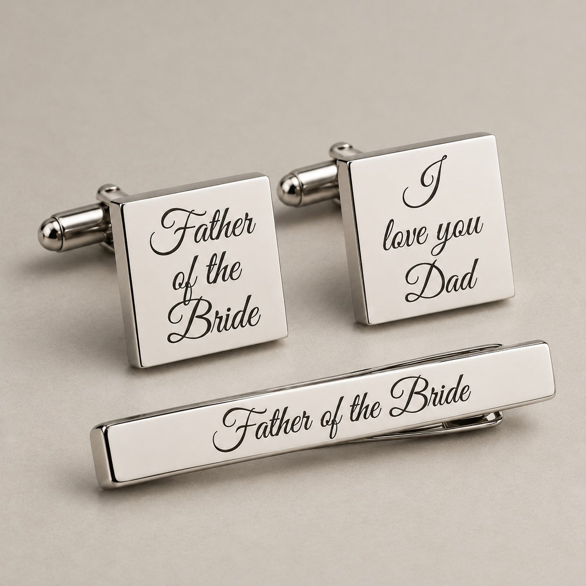 Personalised cufflinks and tie clip set