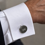 Personalised Cufflinks Gift Set with tie clip worn on a shirt cuff