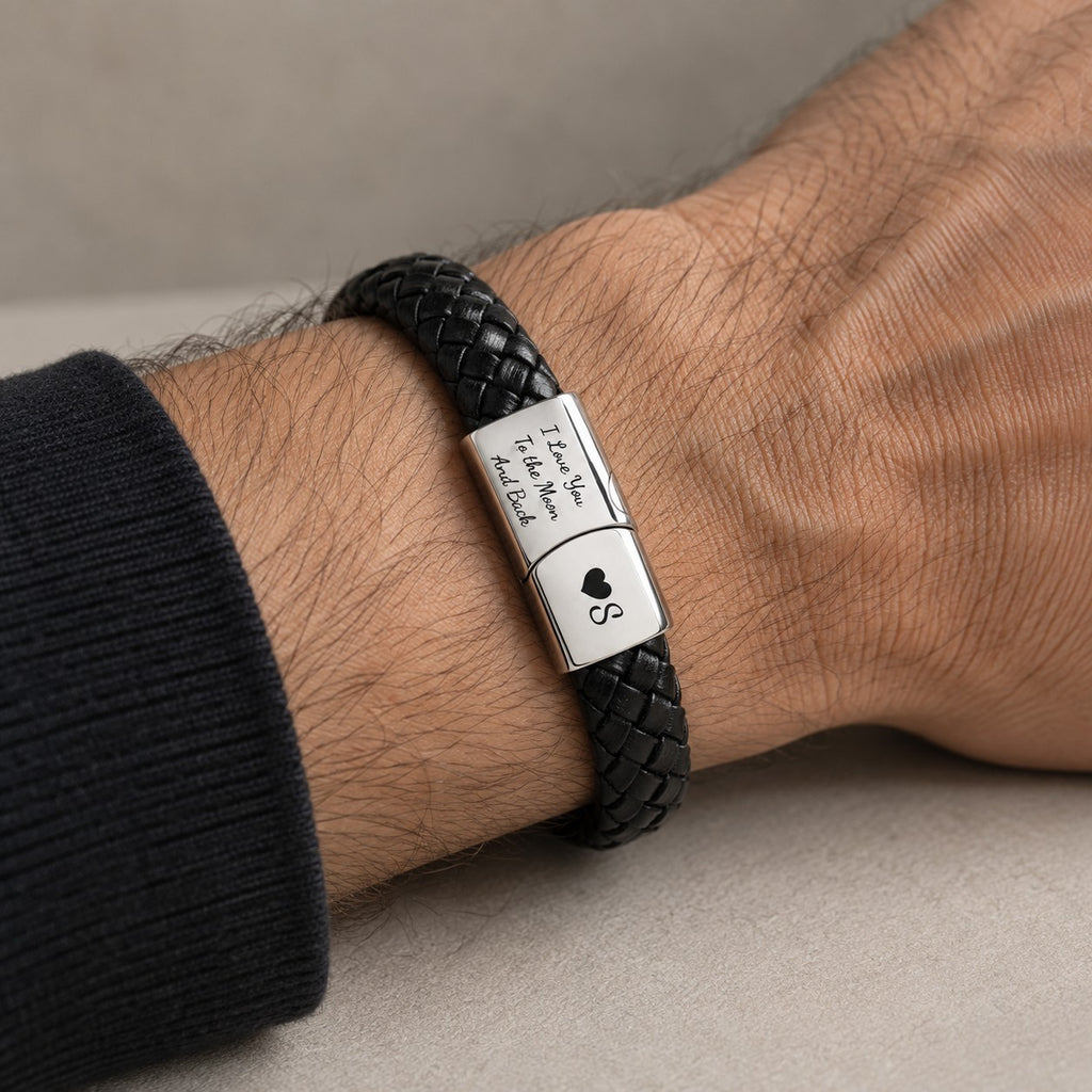 Personalised Braided Leather Bracelet worn on the wrist