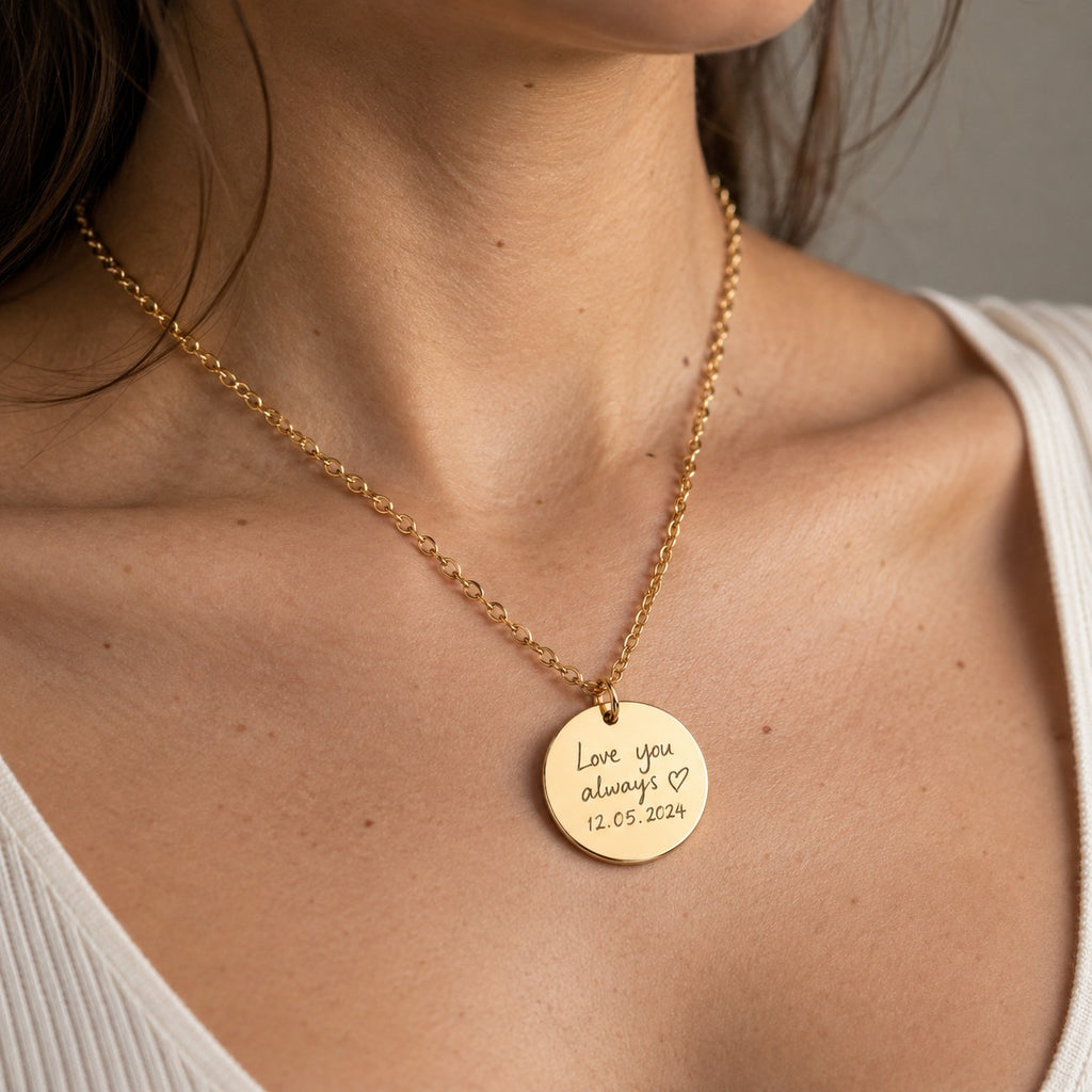 Handwriting circle disc pendant worn