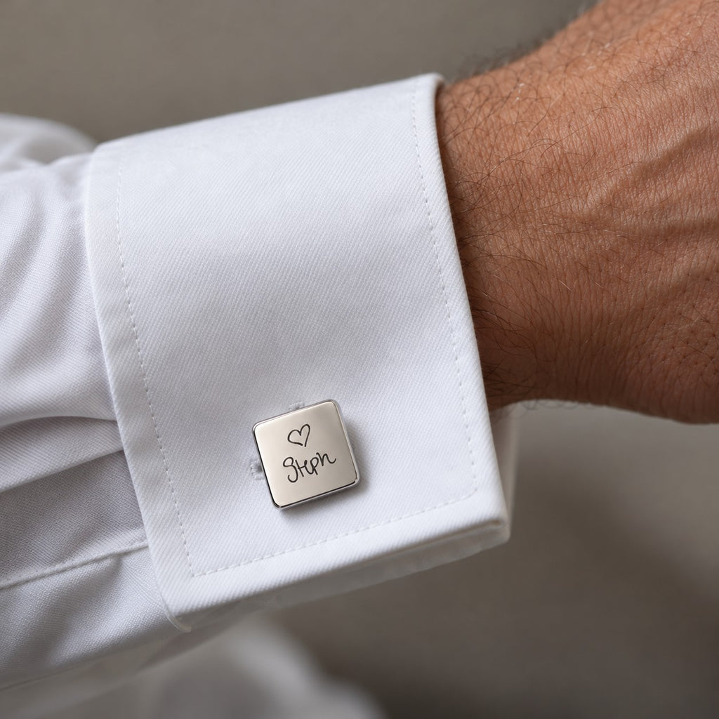 Engraved Square Handwriting Cufflinks worn on a shirt cuff