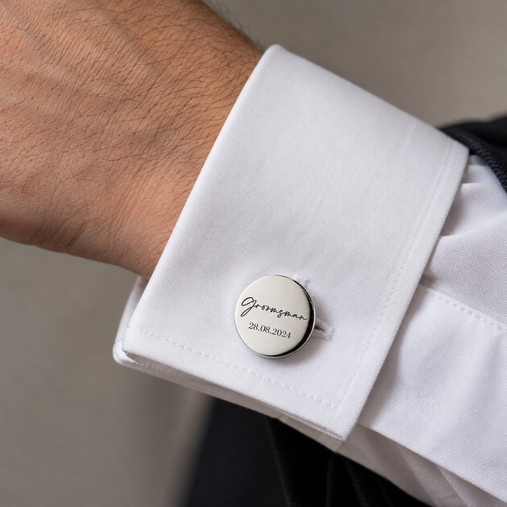 Personalised Wedding Cufflinks worn on a shirt cuff