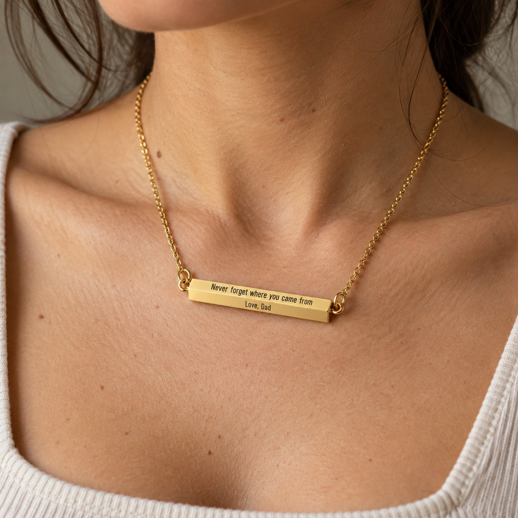 Personalised 3D Bar Necklace worn on the neck