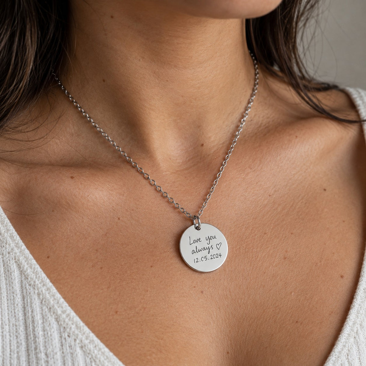 Personalised necklace worn on neck